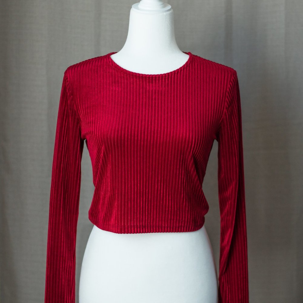 Forever 21 Red Ribbed Velvet Long Sleeve Crop Top Size Medium
